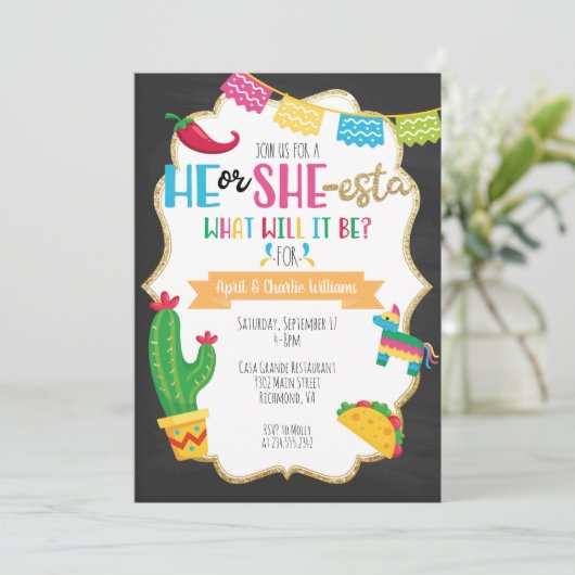 Er oder Sie-esta Fiesta-Thema-Geschlecht decken Einladung (Stehend Vorderseite)