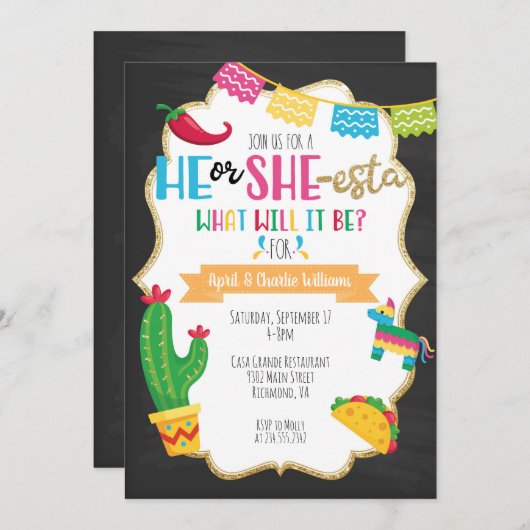 Er oder Sie-esta Fiesta-Thema-Geschlecht decken Einladung (Vorne/Hinten)