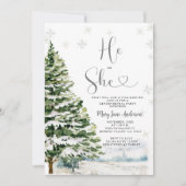 Er oder sie Evergreen Winter Gender Reveal Einladung (Vorderseite)