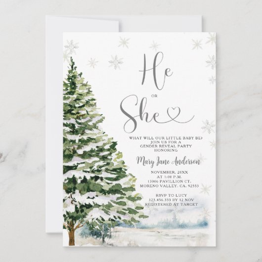 Er oder sie Evergreen Winter Gender Reveal Einladung (Vorderseite)