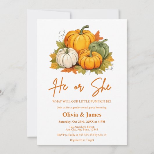 Er oder sie fallen Pumpkin Gender Reveal Party Einladung (Vorderseite)