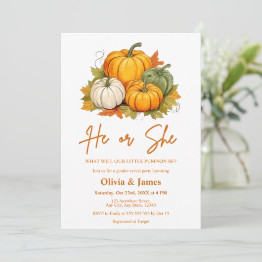 Er oder sie fallen Pumpkin Gender Reveal Party Einladung (Stehend Vorderseite)