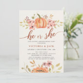 Er oder sie fallen Pumpkin Rustic Boho Gender-Offe Einladung (Stehend Vorderseite)