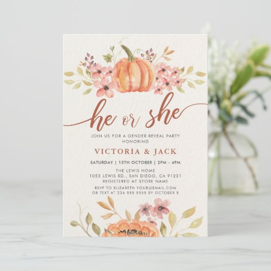 Er oder sie fallen Pumpkin Rustic Boho Gender-Offe Einladung (Stehend Vorderseite)