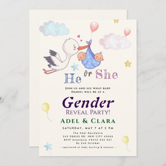 Er oder Sie Geschlecht- Enthüllungs-Einladung Einladung (Vorne/Hinten)