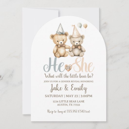 Er oder sie Geschlecht offenbart Bären Dusty Blue Einladung (Vorderseite)