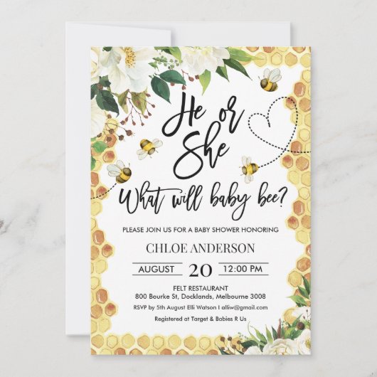 Er oder sie Geschlecht offenbart Bee Baby Shower E Einladung (Vorderseite)