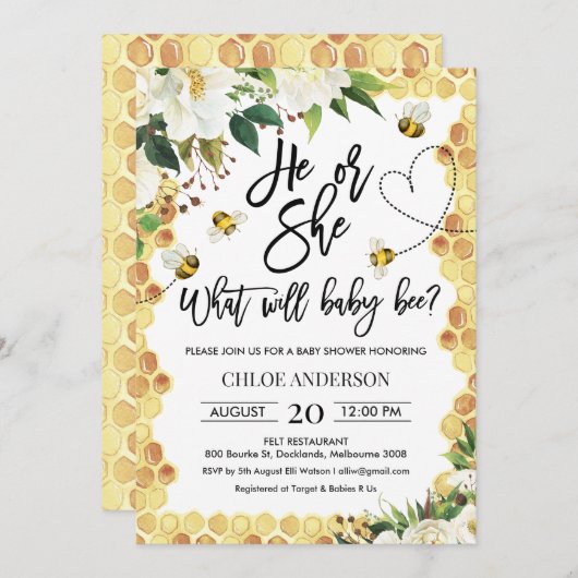 Er oder sie Geschlecht offenbart Bee Baby Shower E Einladung (Vorne/Hinten)