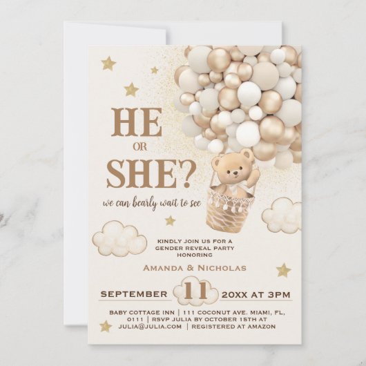 Er oder sie Geschlecht offenbart Teddy Bärenballon Einladung (Vorderseite)