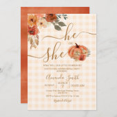 Er oder sie Gingham Fall Pumpkin Gender Reveal Einladung (Vorne/Hinten)