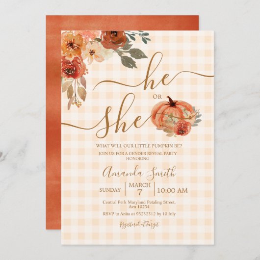 Er oder sie Gingham Fall Pumpkin Gender Reveal Einladung (Vorne/Hinten)