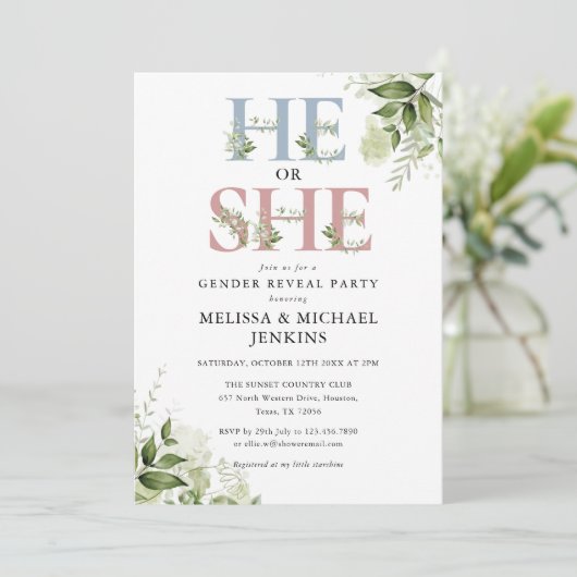 Er oder sie grün Letter Gender Reveal Party Einladung (Stehend Vorderseite)