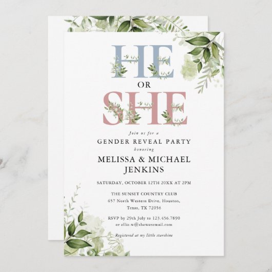 Er oder sie grün Letter Gender Reveal Party Einladung (Vorne/Hinten)