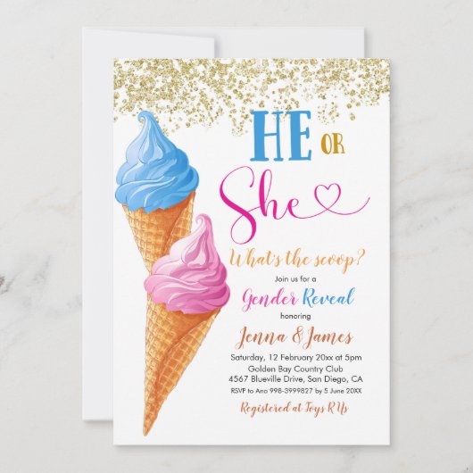Er oder sie Ice Cream Gender Offenlegung Einladung (Vorderseite)