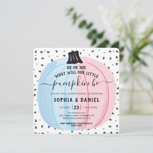 Er oder sie Kleine Kürbisgeschlechtsoffenbarung Ha Einladung (Stehend Vorderseite)