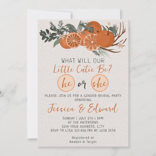 Er oder sie kleine Süsse Zitrus Orange Gender-Offe Einladung (Vorderseite)