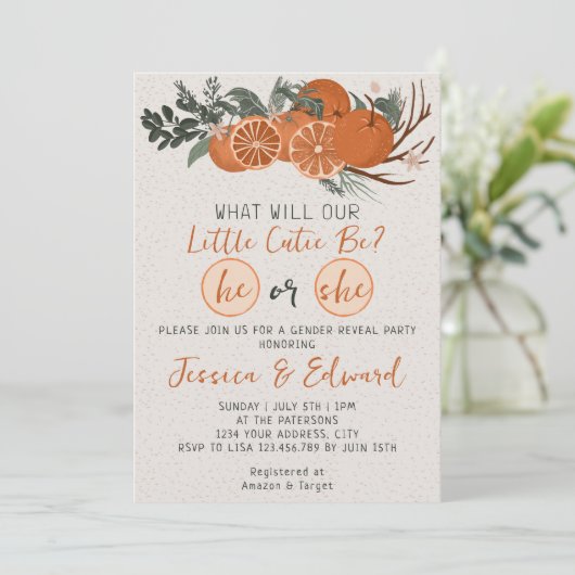 Er oder sie kleine Süsse Zitrus Orange Gender-Offe Einladung (Stehend Vorderseite)