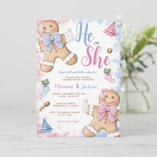 Er oder sie Niedlich Gingerbrot Weihnachtsgeschlec Einladung (Stehend Vorderseite)