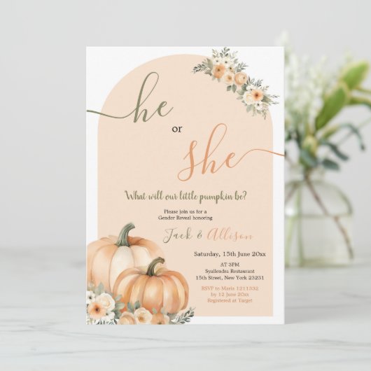 Er oder sie Orange Pumpkin Fall Blumengeschlechtsd Einladung (Stehend Vorderseite)