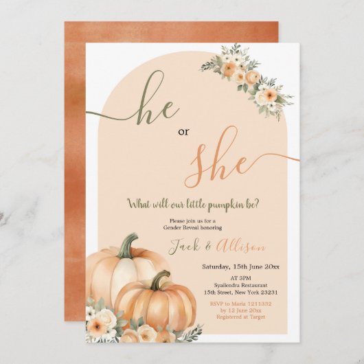 Er oder sie Orange Pumpkin Fall Blumengeschlechtsd Einladung (Vorne/Hinten)