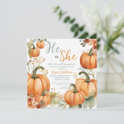 Er oder sie Orange Pumpkins Fall Gender Reveal Einladung (Stehend Vorderseite)