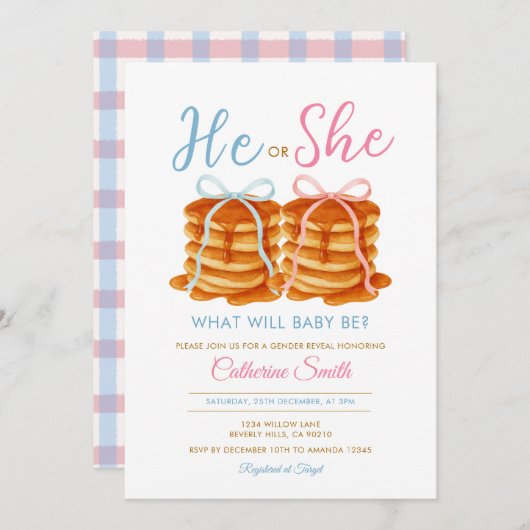 Er oder sie Pancake Gender offenbaren Pink & Blue Einladung (Vorne/Hinten)