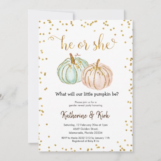 Er oder sie Pastel Pumpkin Gender Reveal Einladung (Vorderseite)