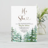 Er oder sie Pinienbäume Winter Gender Reveal Einladung (Stehend Vorderseite)