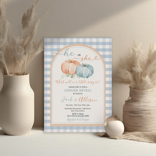 Er oder sie Pumpkin Blue Gingham Arch Gender Revea Einladung