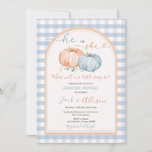 Er oder sie Pumpkin Blue Gingham Arch Gender Revea Einladung (Vorderseite)