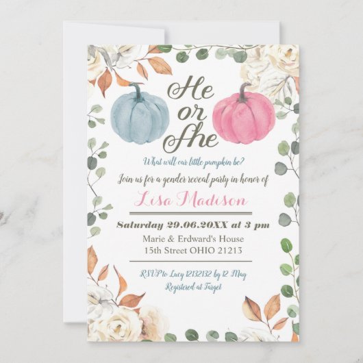 Er oder sie Pumpkin Fall Gender Reveal Einladung (Vorderseite)