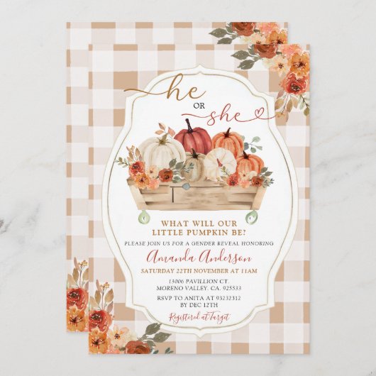 Er oder sie Pumpkin Patch Fall Floral Gender-Offen Einladung (Vorne/Hinten)