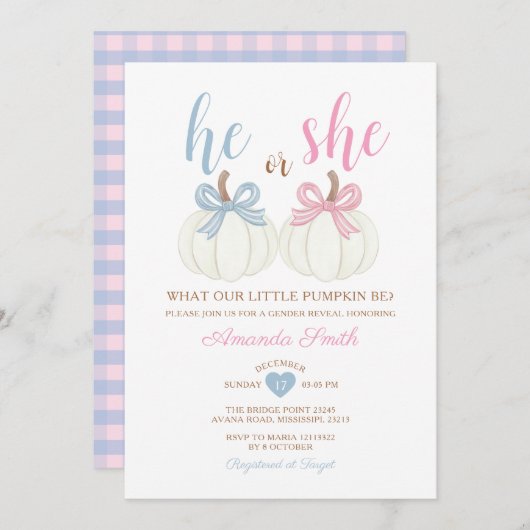 Er oder sie Pumpkin Pink oder Blue Gender Reveal P Einladung (Vorne/Hinten)