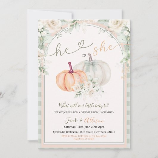 Er oder sie Pumpkin Sage Green Gingham Gender Reve Einladung (Vorderseite)