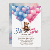 Er oder sie rosa blaue Balloons Bärengeschlechtsda Einladung (Vorne/Hinten)