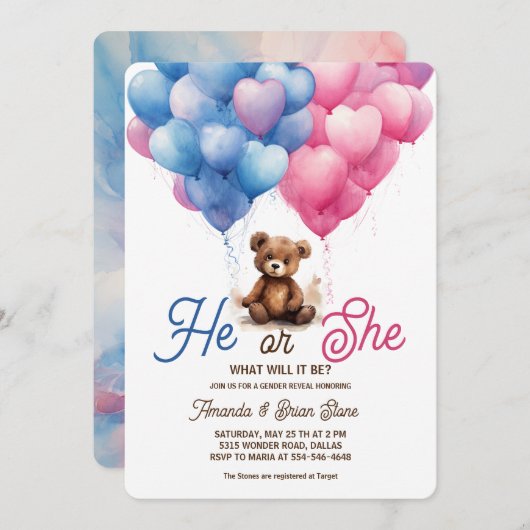 Er oder sie rosa blaue Balloons Bärengeschlechtsda Einladung (Vorne/Hinten)