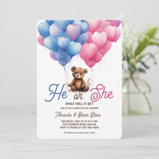 Er oder sie rosa blaue Balloons Bärengeschlechtsda Einladung (Stehend Vorderseite)