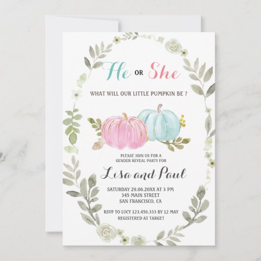 Er oder sie rosa blaue Pumpkins Gender-Bericht Einladung (Vorderseite)