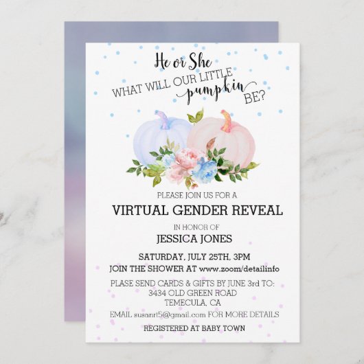 Er oder sie rosa Blue Pumpkin Gender Enthüllung Vi Einladung (Vorne/Hinten)