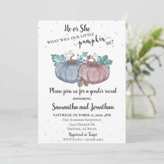 Er oder sie rosa Blue Pumpkin Gender Offenbarung H Einladung (Stehend Vorderseite)