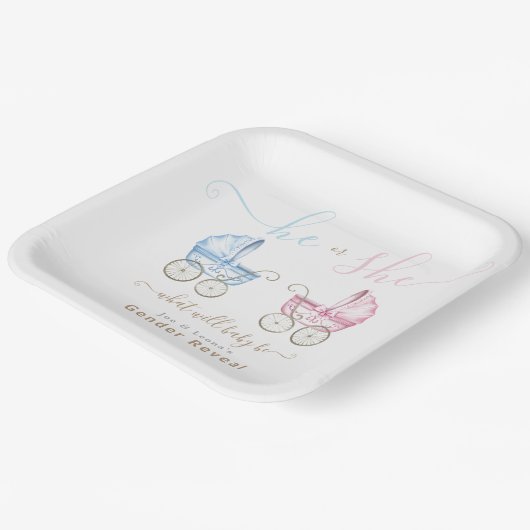 Er oder sie rosa oder blaue Roller Gender-Darstell Pappteller (Gewinkelt)