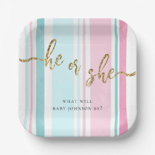 Er oder sie rosa und blaue Gender-Offenbarung Pappteller