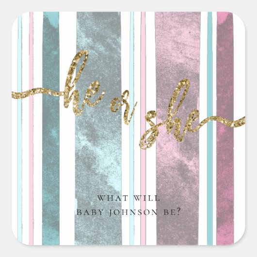 Er oder sie rosa und blaue Gender-Offenbarung Quadratischer Aufkleber (Vorderseite)