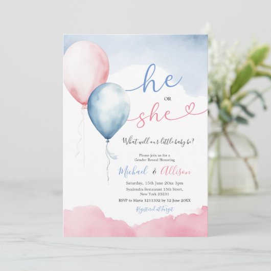 Er oder sie rosa und blauer Ballon Geschlechtsverk Einladung (Stehend Vorderseite)