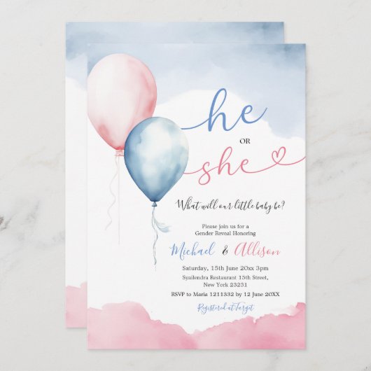 Er oder sie rosa und blauer Ballon Geschlechtsverk Einladung (Vorne/Hinten)