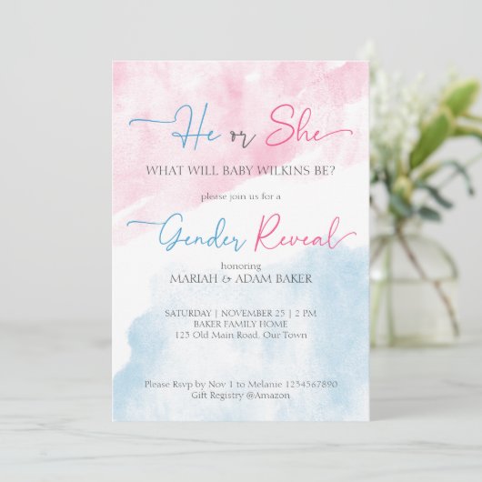 Er oder sie rosa und blaues Geschlecht enthüllt Vo Einladung (Stehend Vorderseite)