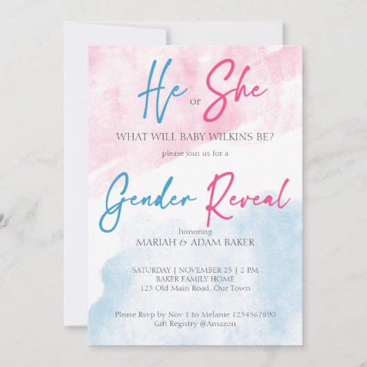 Er oder sie rosa und blaues Geschlecht enthüllt Vo Einladung (Vorderseite)