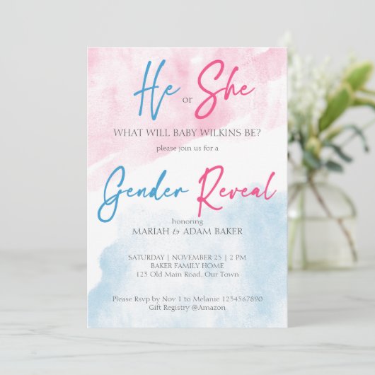 Er oder sie rosa und blaues Geschlecht enthüllt Vo Einladung (Stehend Vorderseite)