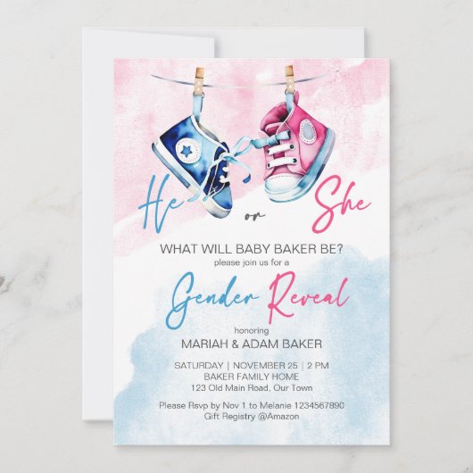 Er oder sie rosa und blaues Geschlecht enthüllt Vo Einladung (Vorderseite)