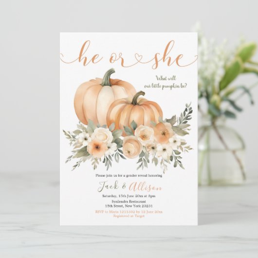 Er oder sie rustikale Fall Orange Pumpkin Gender-O Einladung (Stehend Vorderseite)